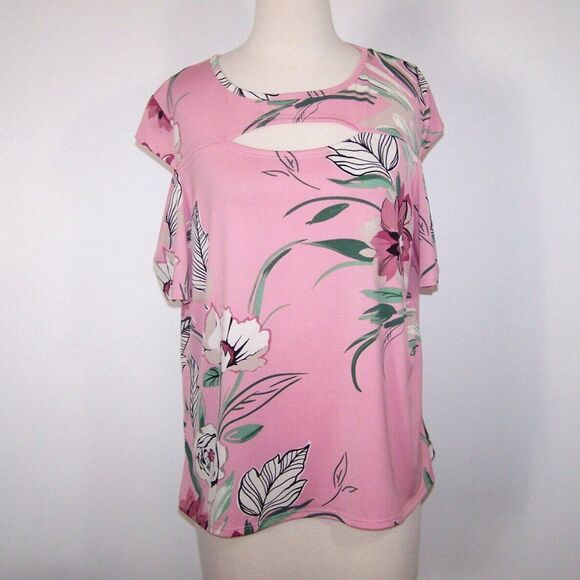 BonWorth Shirt Top LP Cutout Floral Stretch Flowy Short Cold Shoulder Sleeve - Picture 2 of 9